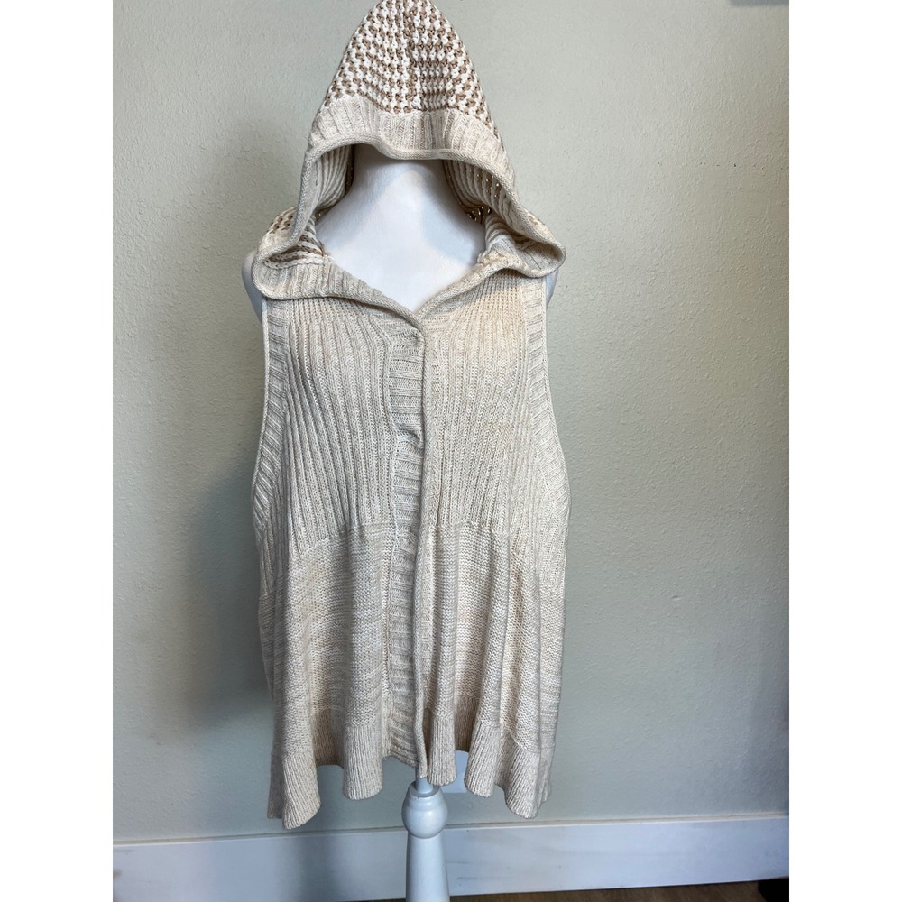 Free People Hooded Sweater Vest Cream Tan Knit Button Front Open Back Medium